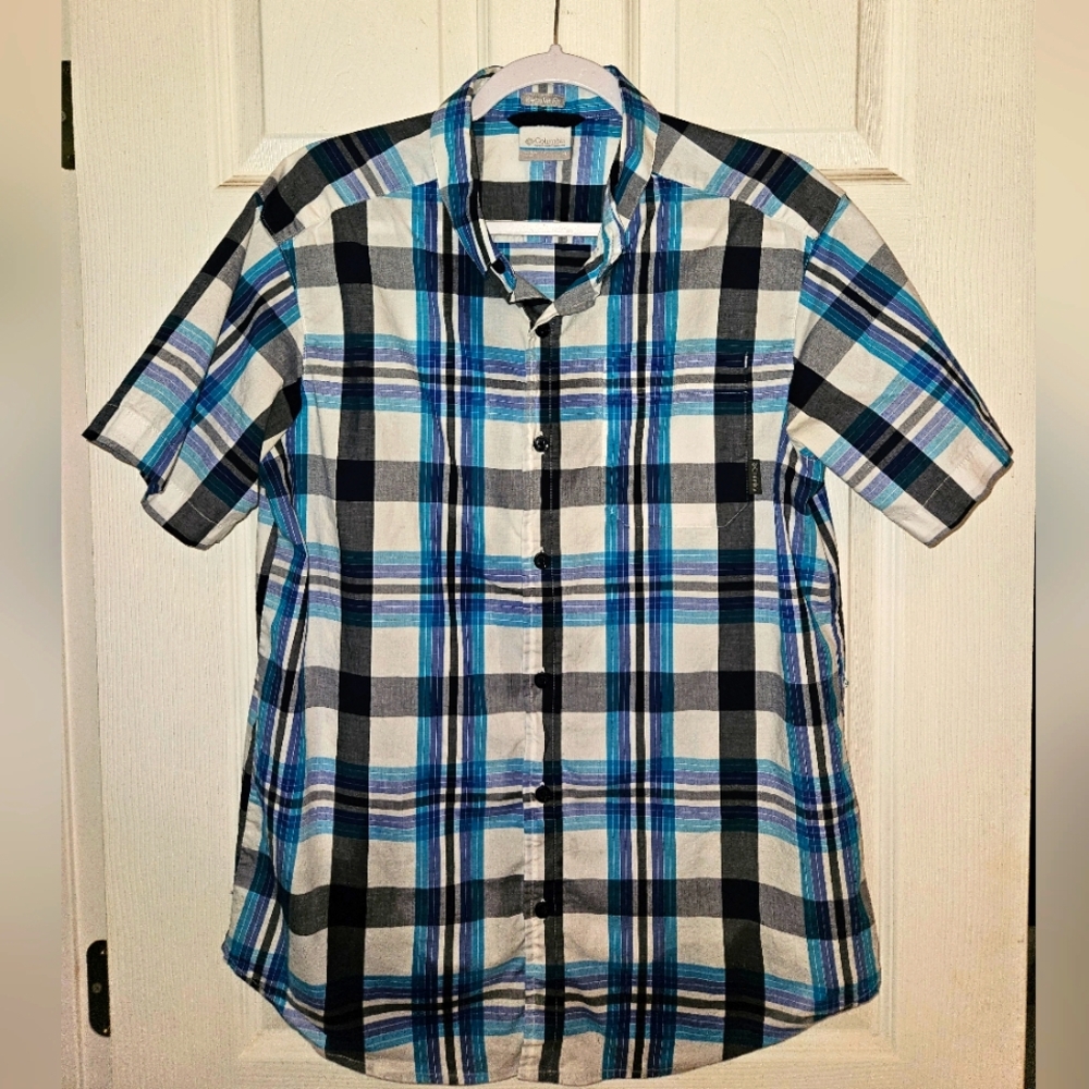 Columbia Plaid Blue White Button Front Collared Short Sleeve Mens Shirt Medium